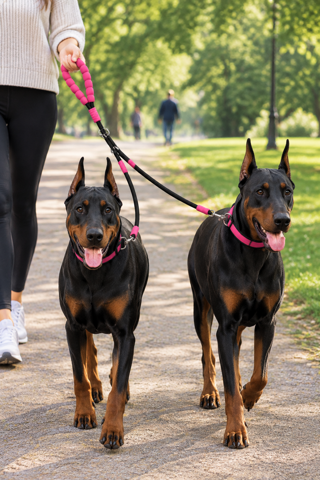 Two dogs sharing the black-and-pink double lead on a public park path