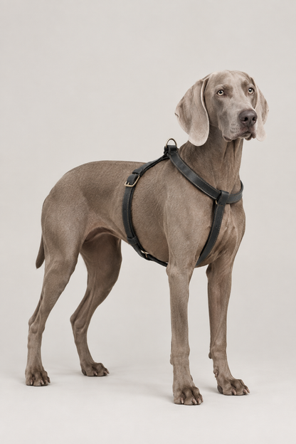 Weimaraner wearing the black leather harness in our grey studio