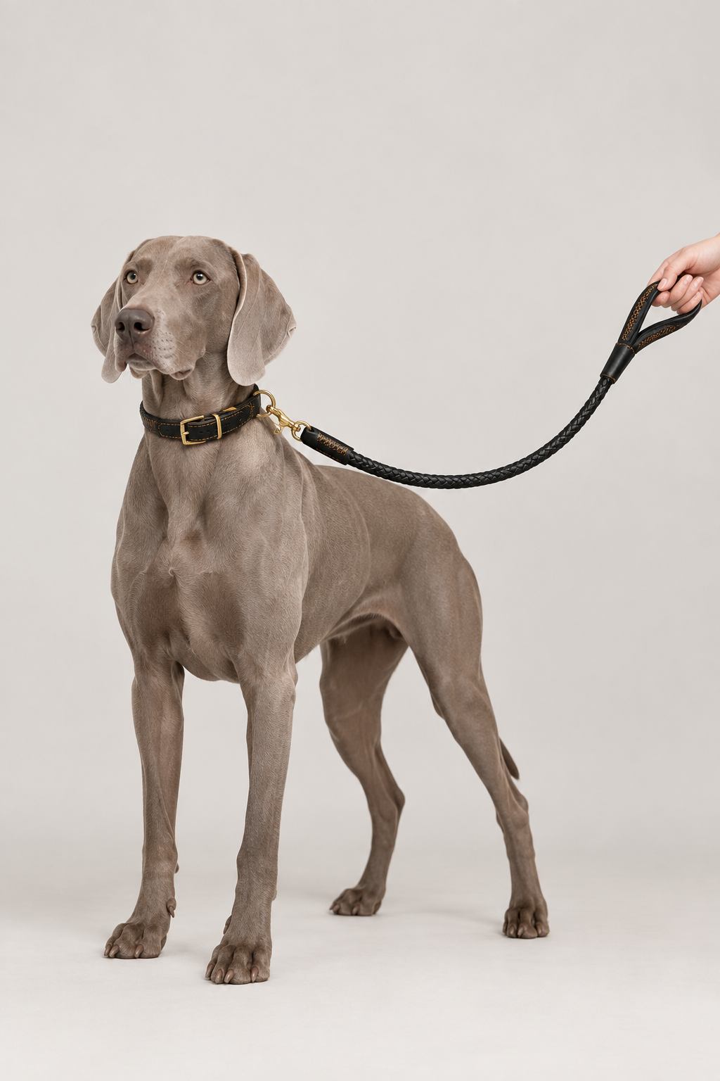 Weimaraner wearing the braided collar and matching lead