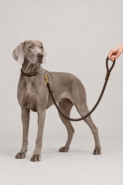 Weimaraner wearing the brown braided collar and lead set