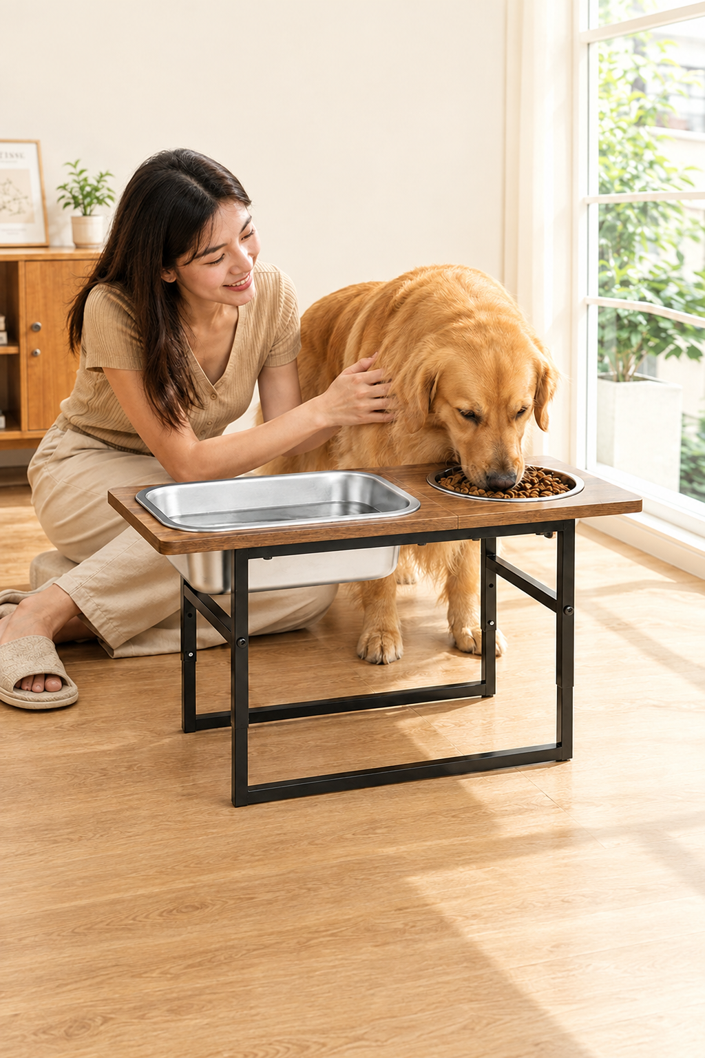 Woman and dog with feeder, text-removal and portrait resize